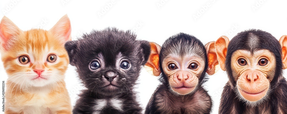 Fototapeta premium Adorable kitten, puppy, and two baby chimpanzees posing against a white background in a cute group.