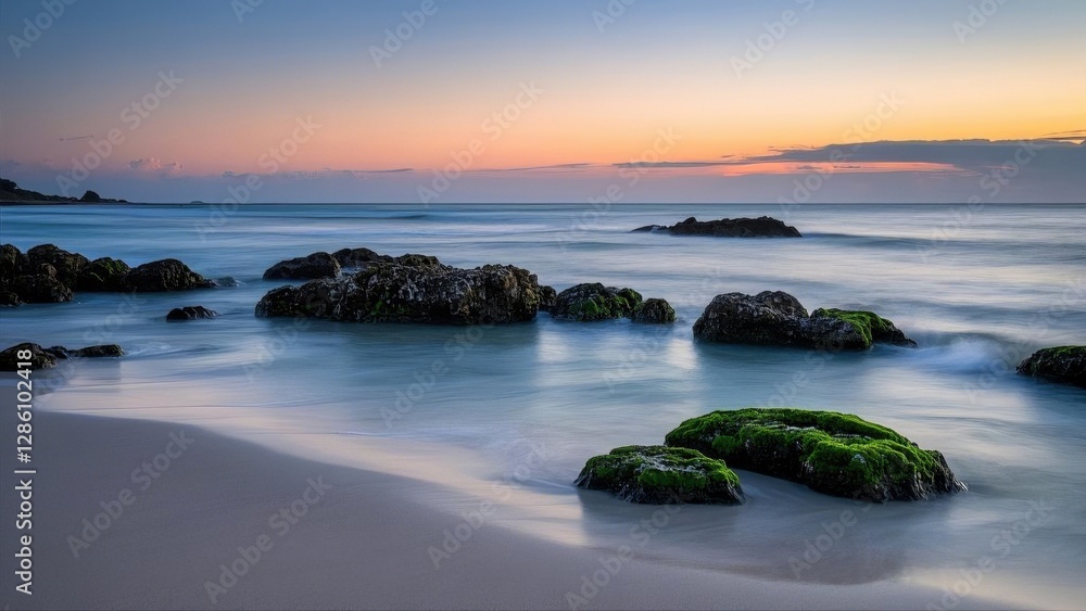 Fototapeta premium Sunset white sand beach with rock foreground