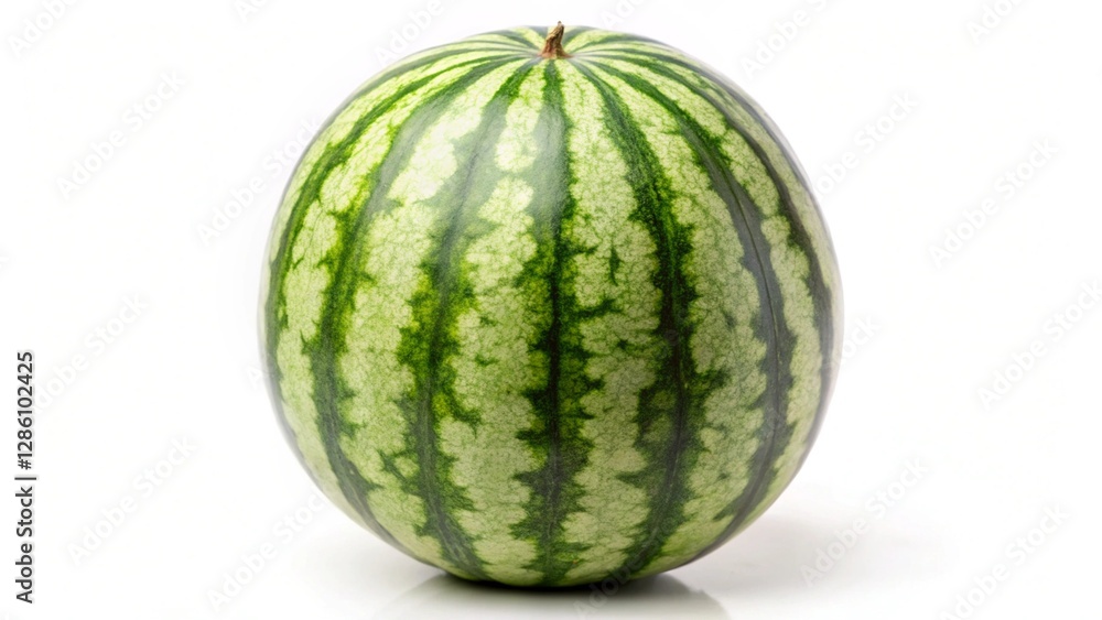 Watermelon with a green and white striped exterior and a brown stem is centrally positioned against a white background Watermelon with a green and white striped exterior and a brown stem is centrally positioned against a white background