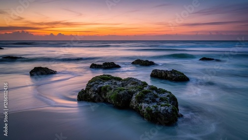 Sunset white sand beach with rock foreground