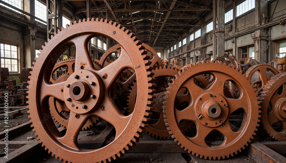 Fototapeta premium Rusty gears on factory floor