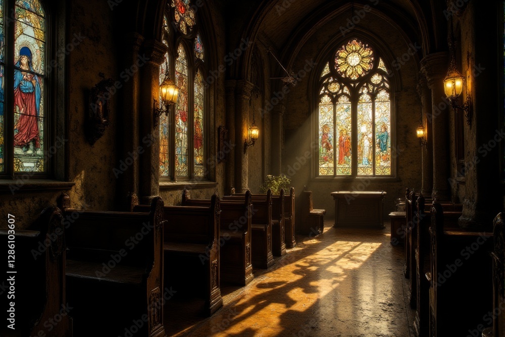 Fototapeta premium Vibrant stained glass patterns cast onto an aged wooden church pew sacred and historical ambiance