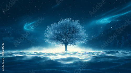 Winter's Embrace: A solitary tree stands majestically against a breathtaking, ethereal backdrop of a starlit, snow-covered landscape. Captured in hues of blue and white. photo