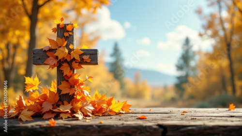 Christian cross surrounded by autumn leaves on a wooden platform with trees and mountains in the background.