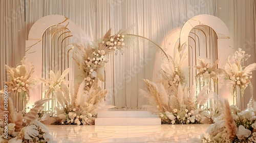 Elegant floral arrangement in a wedding venue with soft lighting and decorative arch