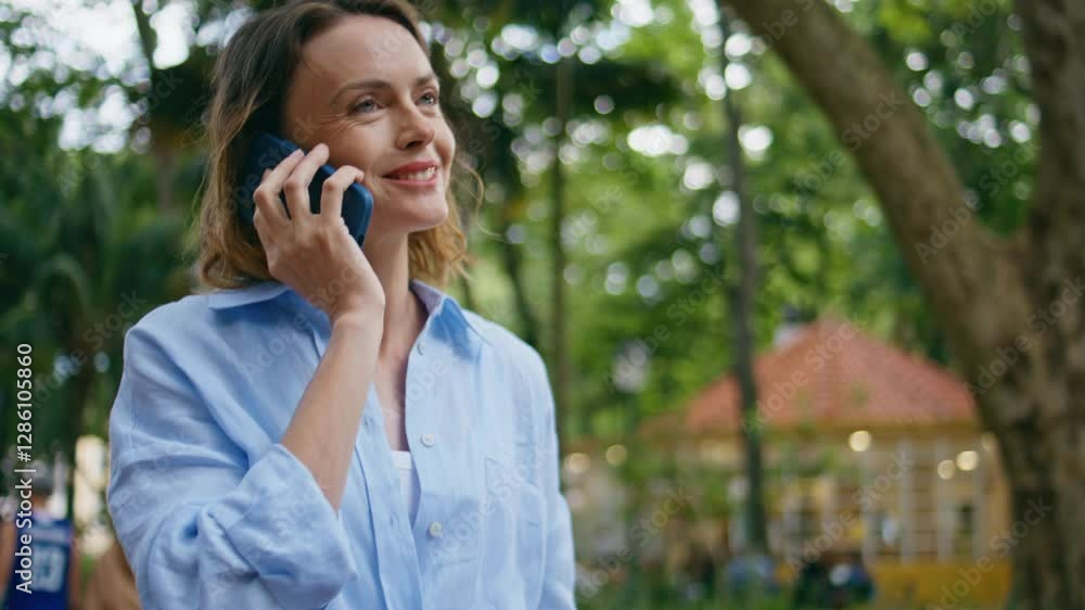 Closeup lover flirting smartphone green nature. Lady ending mobile call Closeup lover flirting smartphone green nature. Lady ending mobile call