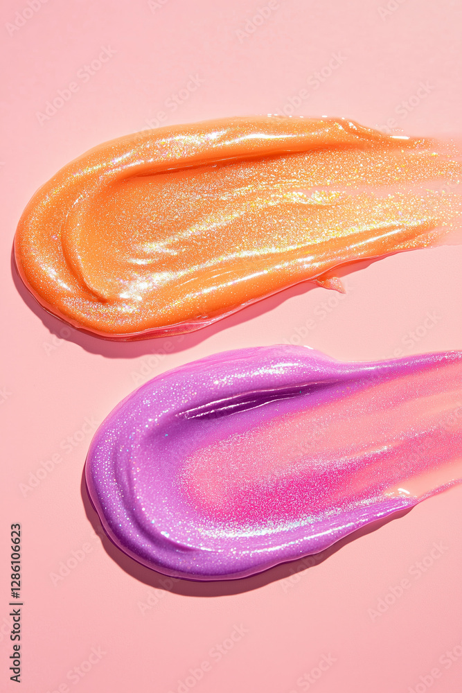 Two vibrant colorful shimmering spread skincare gel serum swatches close up on pastel background. Two vibrant colorful shimmering spread skincare gel serum swatches close up on pastel background.