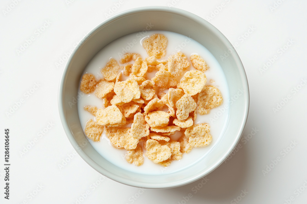 Cereal Bowl: A close-up overhead shot of a ceramic bowl brimming with crisp, golden flakes swimming in a sea of creamy milk, an appetizing breakfast scene. Cereal Bowl: A close-up overhead shot of a ceramic bowl brimming with crisp, golden flakes swimming in a sea of creamy milk, an appetizing breakfast scene.
