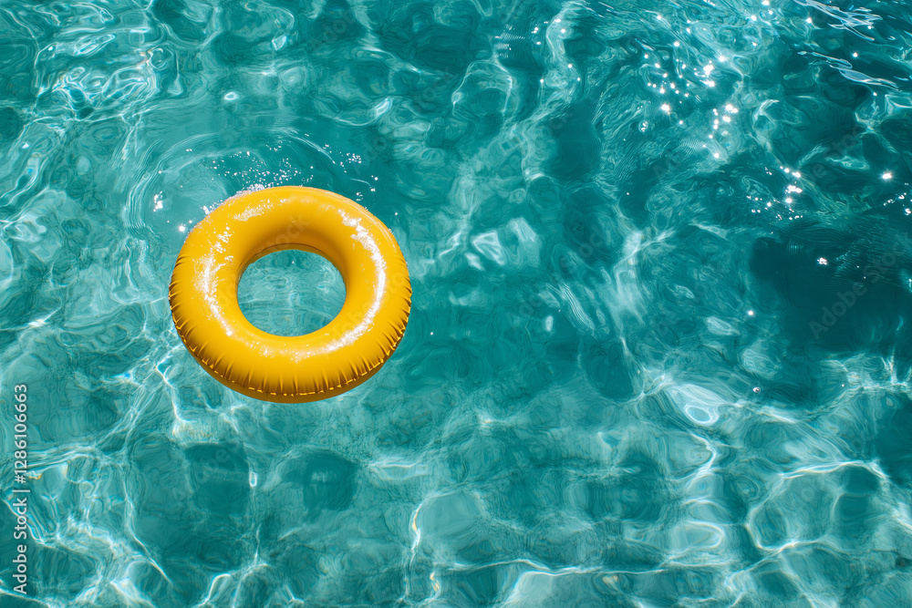 Inflatable float ring floating on clear swimming pool water surface close up with copy space. Summer holiday travel concept background . Inflatable float ring floating on clear swimming pool water surface close up with copy space. Summer holiday travel concept background .