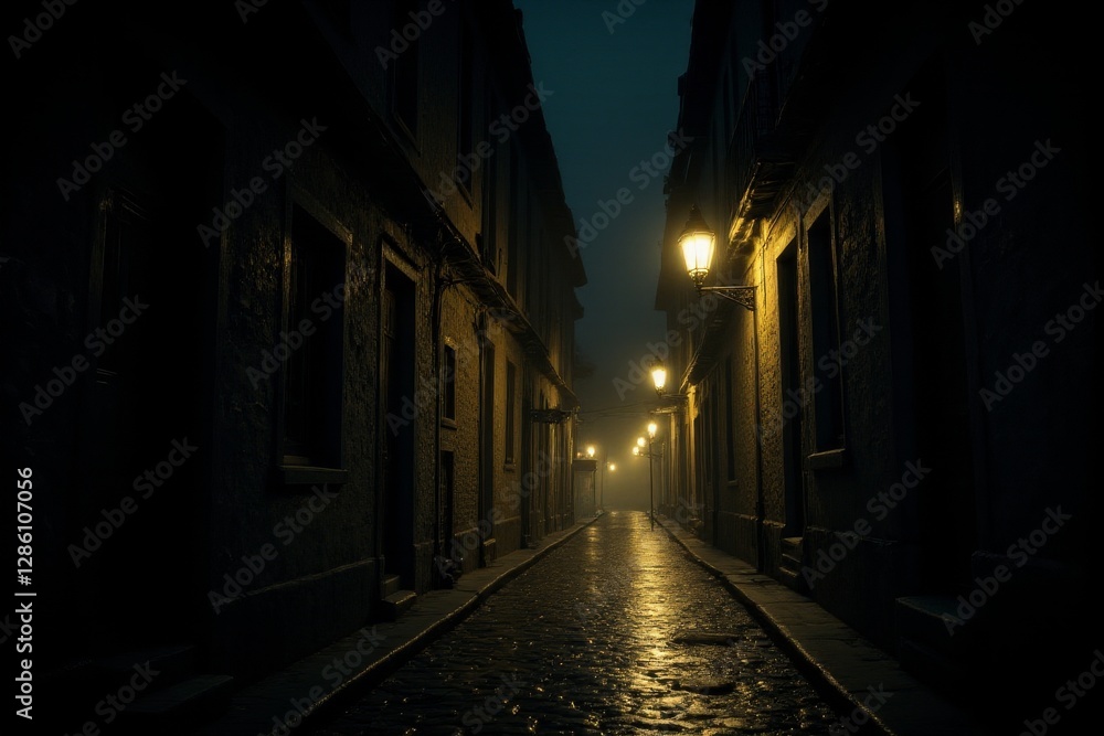 Glowing streetlamp casting a lonely shadow on a narrow cobblestone street nostalgic and peaceful night scene Glowing streetlamp casting a lonely shadow on a narrow cobblestone street nostalgic and peaceful night scene