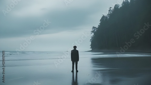 A lonely figure on an infinite background: a man standing on the ocean shore, in a huge forest or in a modern minimalist interior. An atmosphere of calm, reflection and inspiration. Soft colors, natur