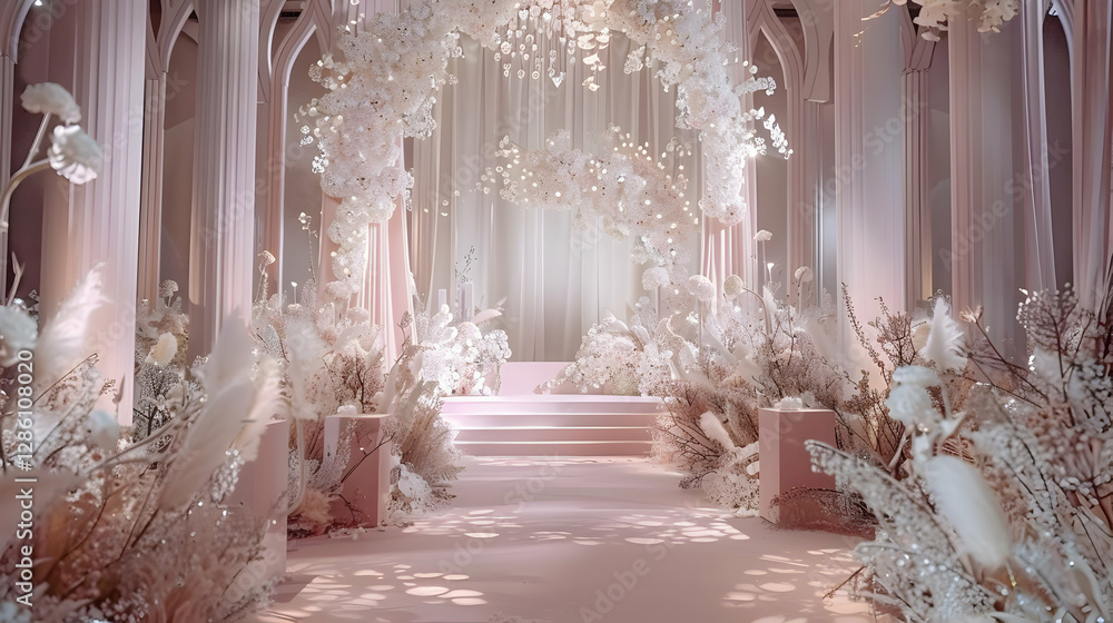 Elegant floral archway adorned with soft white blooms and delicate foliage in a serene setting Elegant floral archway adorned with soft white blooms and delicate foliage in a serene setting