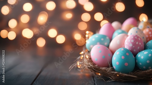 A vibrant assortment of pastel Easter eggs styled with polka dots within a rustic straw basket, set against a blurred backdrop of warm twinkling lights. photo