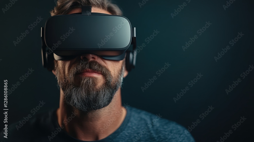 Fototapeta premium A close-up shot of a man immersed in a virtual reality environment, showcasing the technological advancements and the excitement of modern gaming experiences.