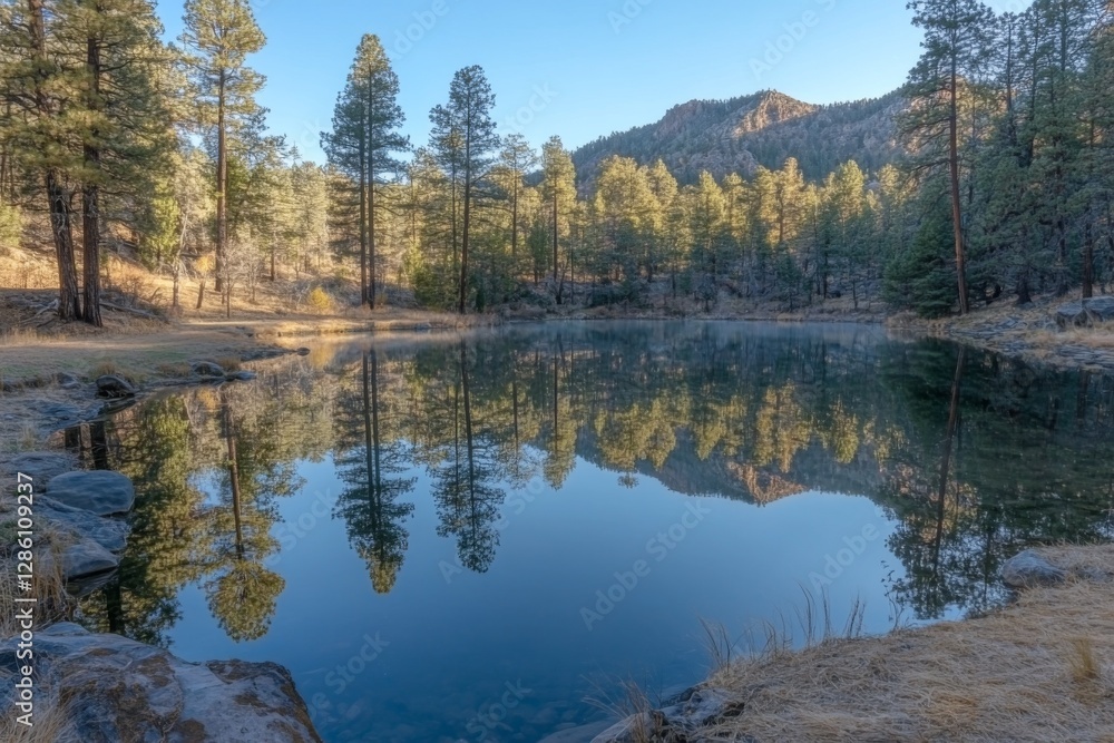 Tranquil lake reflection with tall pine trees and golden sky Tranquil lake reflection with tall pine trees and golden sky