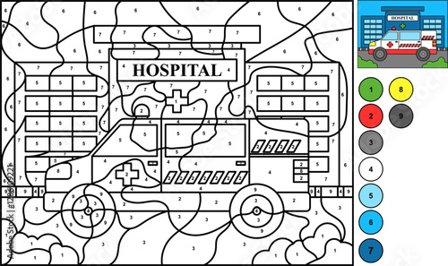 coloring page by number of hospital and ambulance