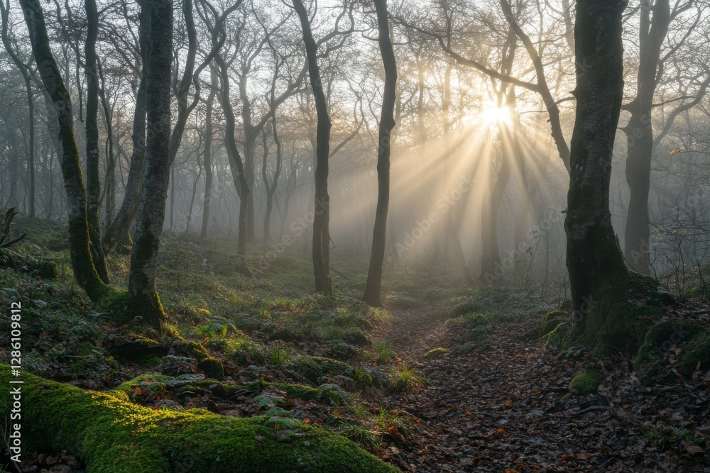 Obraz premium Misty forest scene with dense trees and atmospheric lighting