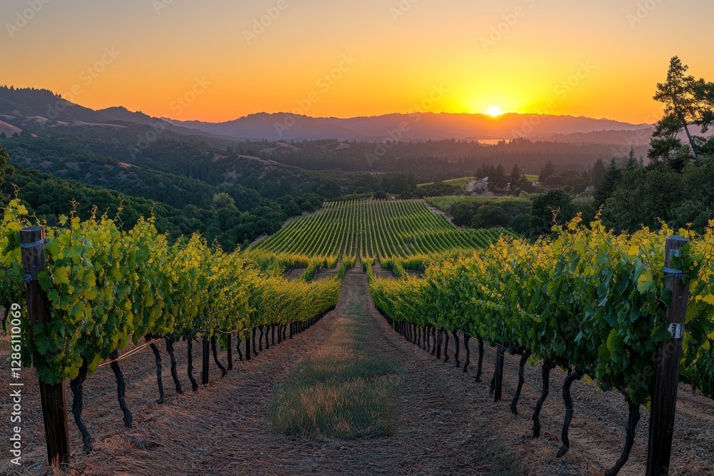 Fototapeta premium Sunset over a vineyard with rolling green hills and rows of grapes