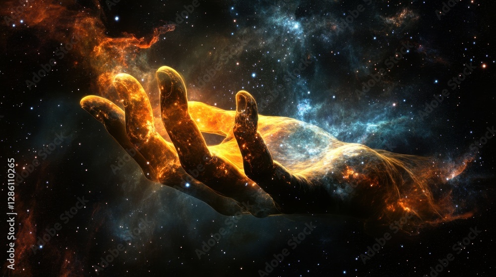 Obraz premium A surreal cosmic hand reaches from a nebula, its glowing fingers sculpting new constellations