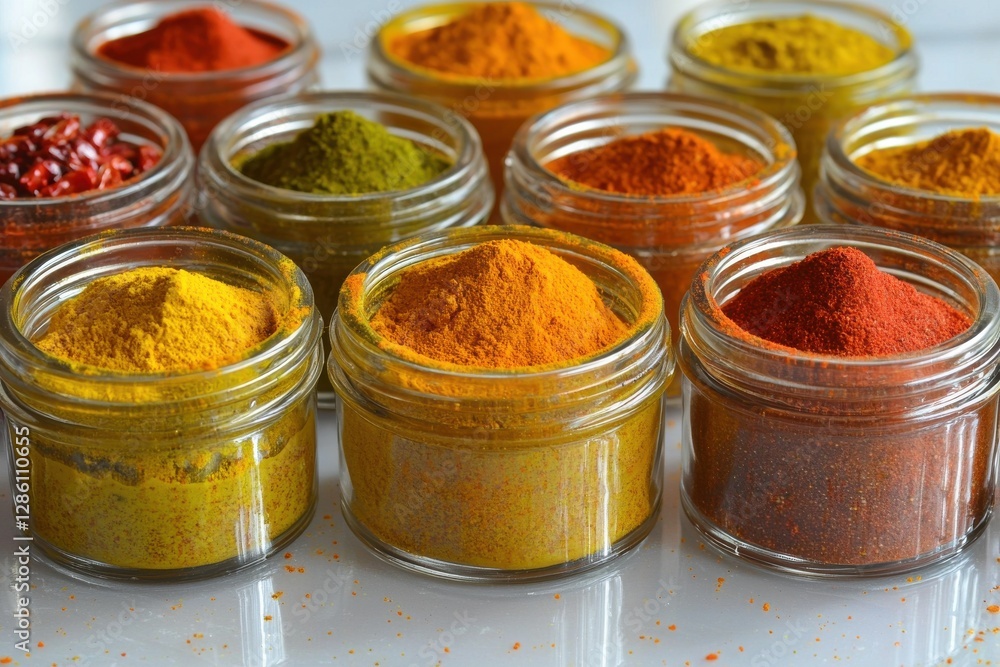 A colorful array of spices in glass jars, showcasing vibrant cooking ingredients used for adding flavor to meals, inviting culinary journey, displayed creatively. A colorful array of spices in glass jars, showcasing vibrant cooking ingredients used for adding flavor to meals, inviting culinary journey, displayed creatively.
