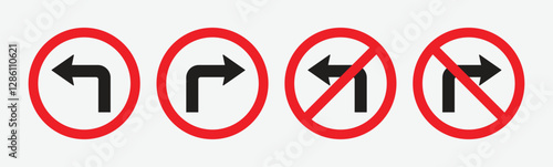 Collection of vector icons of traffic signs information signs allowed to turn right and turn left and not allowed to turn right and left. A symbol of attention and safety for public motorists