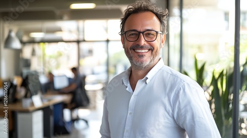 Wallpaper Mural A man wearing glasses and a white shirt is smiling in front of a window Torontodigital.ca