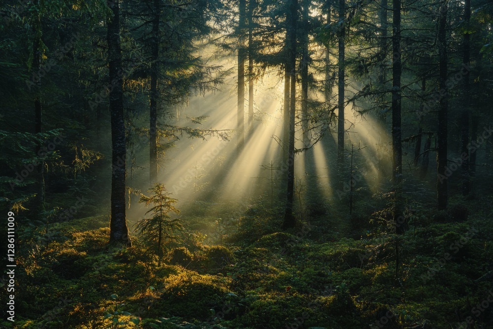 Mystical forest with sun rays shining through dense trees Mystical forest with sun rays shining through dense trees