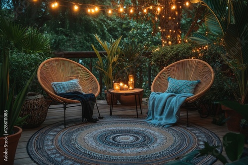 Bohemian outdoor lounge with cozy seating under string lights