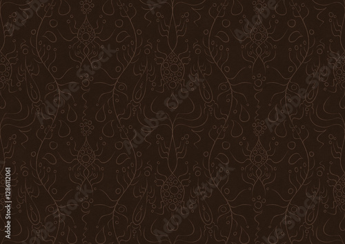 Wallpaper Mural Hand-drawn unique abstract symmetrical seamless ornament. Light semi transparent brown on a dark brown background. Paper texture. Digital artwork, A4. (pattern: p13-1b) Torontodigital.ca
