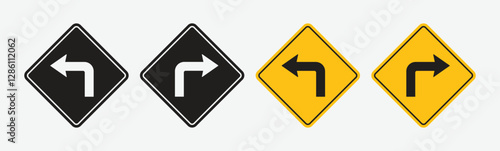 Collection of vector icons of traffic signs warning information about turning right and turning left. A symbol of attention and safety for public motorists. Vector illustration Free Download Collection of vector icons of traffic signs warning information about turning right and turning left. A symbol of attention and safety for public motorists. Vector illustration - GFXLoad