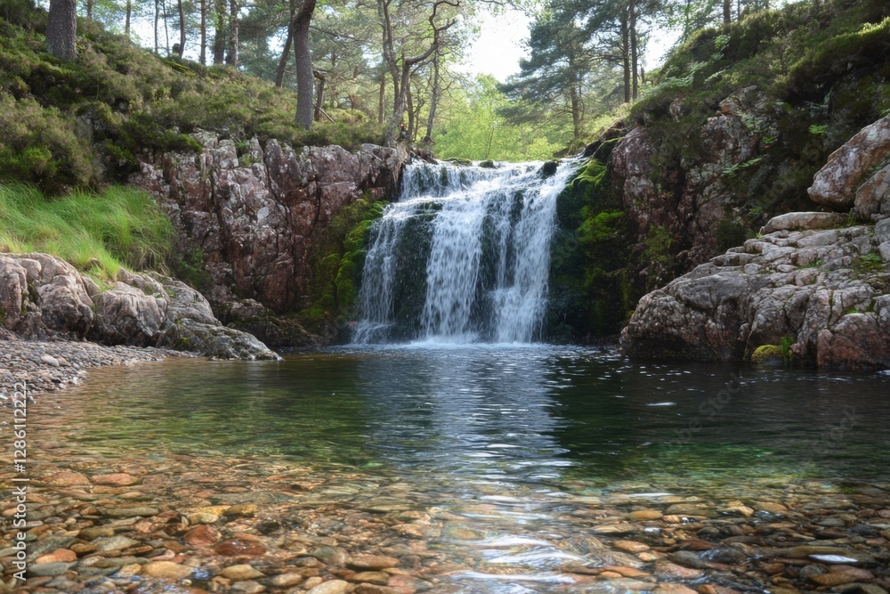 Obraz premium Scenic waterfall cascading down rocky cliffs in a lush forest