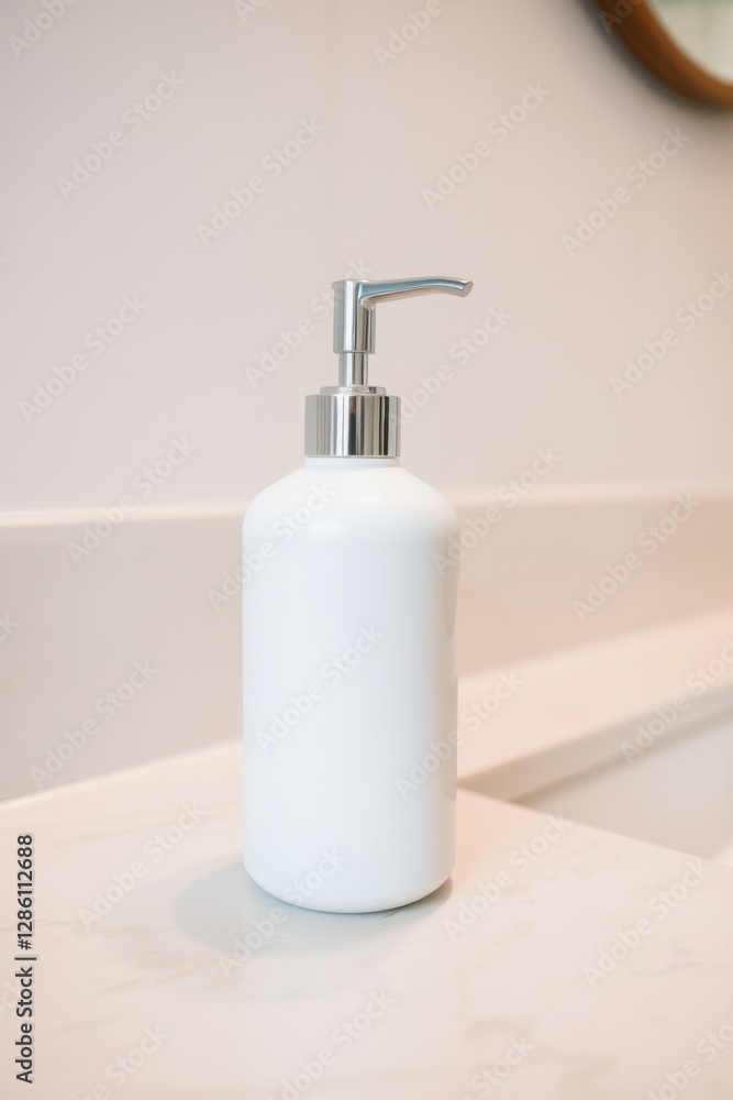 White dispenser bottle with a chrome pump on a marble countertop bathroom vanity, modern minimalist design. White dispenser bottle with a chrome pump on a marble countertop bathroom vanity, modern minimalist design.