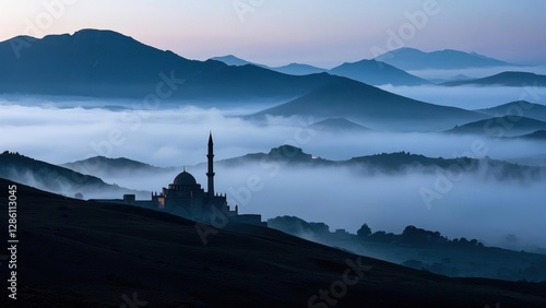 Silhouette of Mosque in the top of cloudy hills with mountain background