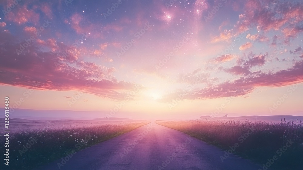 Road Leading to Sunrise with Pink Sky and Open Field View Road Leading to Sunrise with Pink Sky and Open Field View