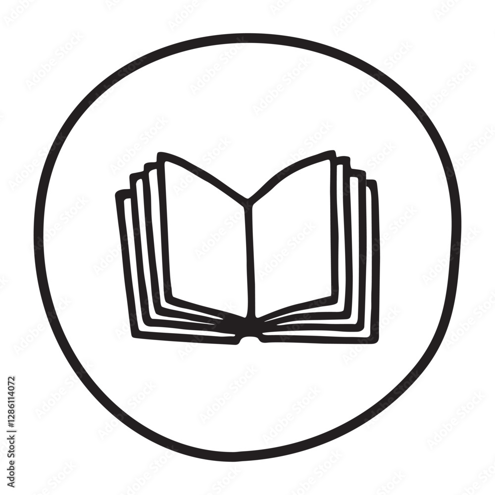 Doodle open book icon hand drawn with black line in freehand style. Vector illustration isolated on white background