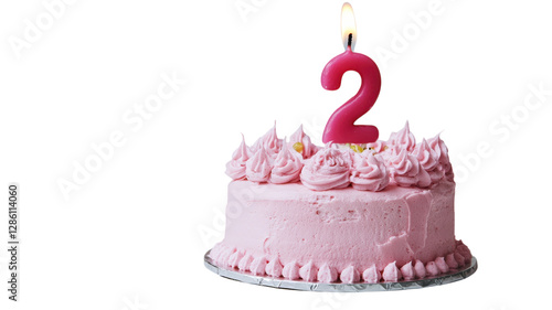 Two-year-old birthday cake with pink frosting and candle on top celebrating a special occasion filled with joy and sweetness