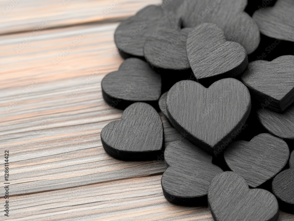 Fototapeta premium Black and white wooden heart shapes stacked together on rustic wooden surface creating vintage romantic composition with monochrome textures and artistic contrast