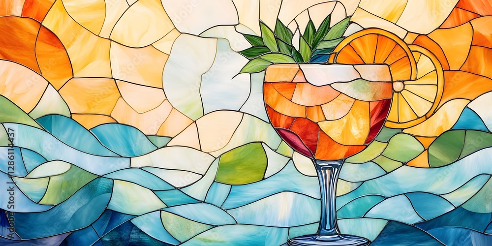 A beautifully detailed stained glass artwork depicting a gourmet cocktail, featuring vibrant colors, elegant patterns, and a refined, artistic composition.
