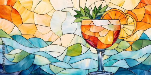 Obraz na płótnie A beautifully detailed stained glass artwork depicting a gourmet cocktail, featuring vibrant colors, elegant patterns, and a refined, artistic composition. w salonie