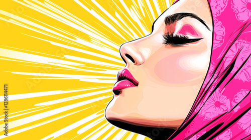 AI Image. Illustrative pop art background with Islamic woman. Mubarak concept