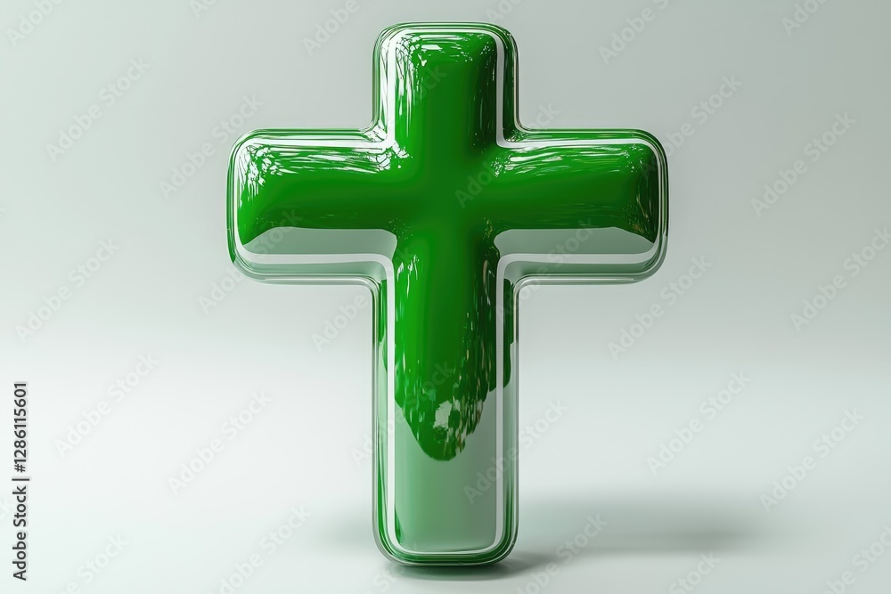 Fototapeta premium A Shiny Green Cross Symbol Is Centered On A White Background