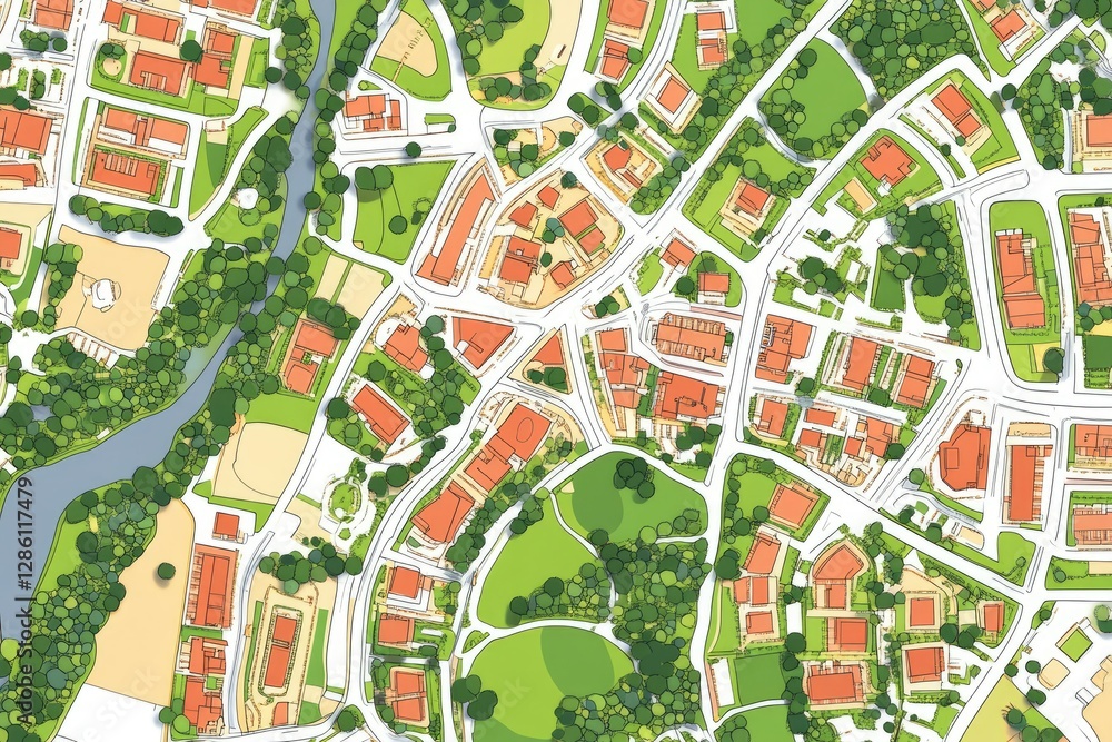 Obraz premium Conceptual Urban Design Plan Showcasing Invented City Layout with Roads, Structures, and Zoning for Future Development