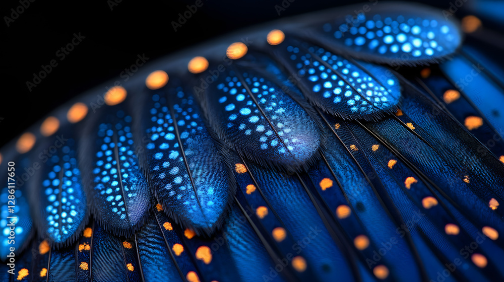 Obraz premium Mystical Wing Detail: A close-up shot reveals the mesmerizing beauty of a bird's wing, adorned with intricate patterns of blue and orange, illuminated against a dark backdrop. 