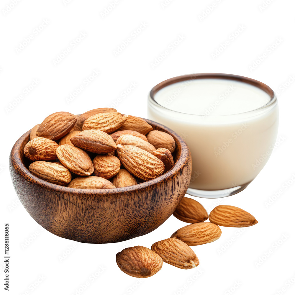 almond milkand almonds in wooden bowl
isolated on white or transparent background almond milkand almonds in wooden bowl
isolated on white or transparent background