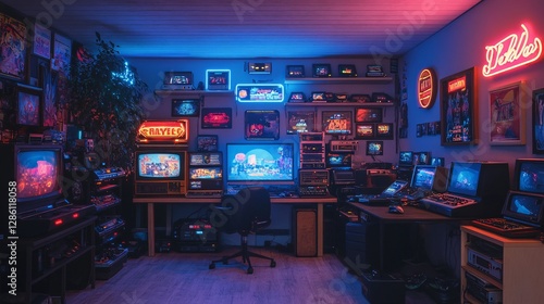 A retro gaming room filled with old consoles and neon signs