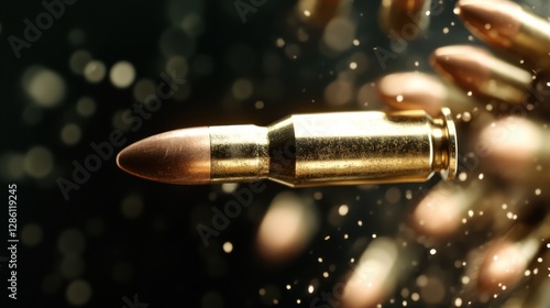 A striking close-up of a bullet in motion, suspended in mid-air, emphasizing the power and precision of projectile dynamics in a captivating visual display.