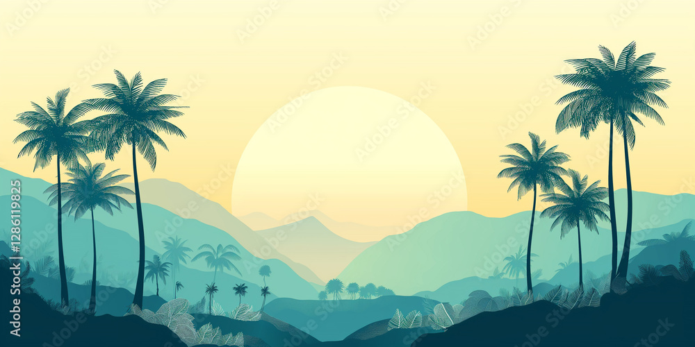 Obraz premium Simplified Tropical Design with Palms and Yellow Background for Text