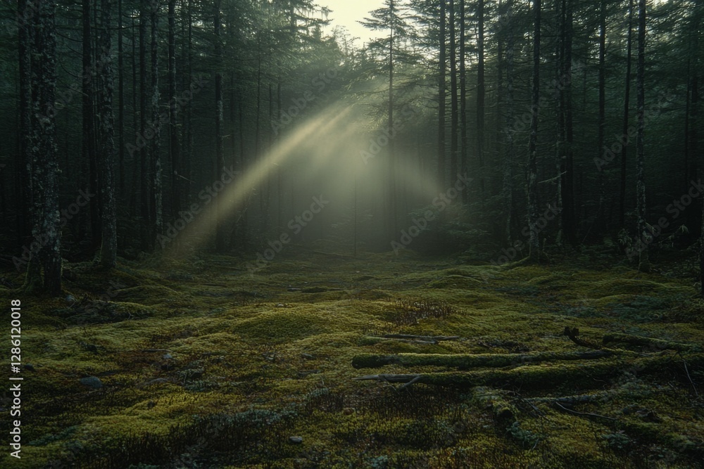 Fototapeta premium Mystical forest scene with sun rays shining through tall trees and misty atmosphere