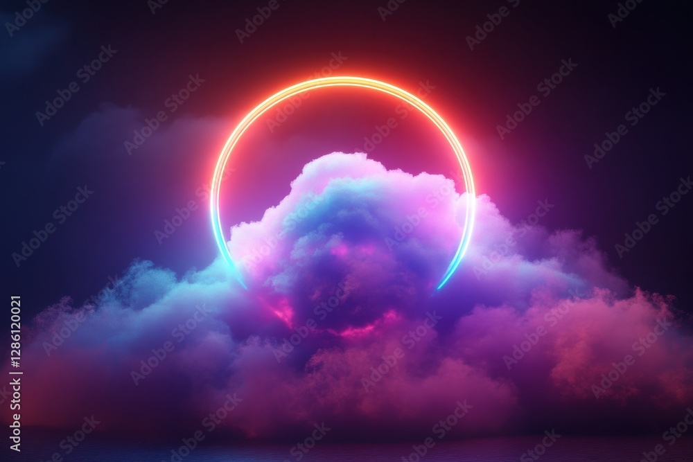 Vibrant Neon Clouds with Dazzling Circular Light Halo Display Vibrant Neon Clouds with Dazzling Circular Light Halo Display