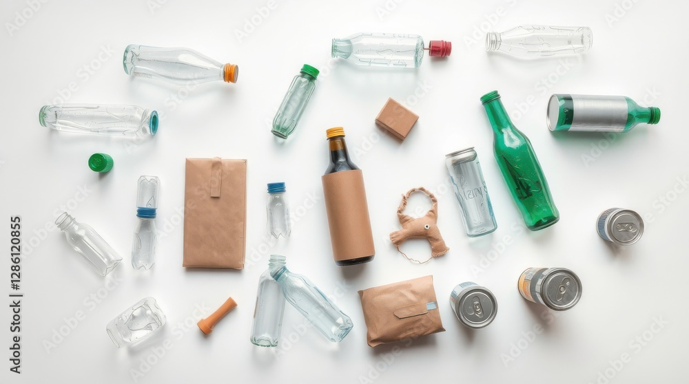 Assorted recyclable materials: glass bottles, aluminum cans, paper bags, and cardboard placed on white background. Assorted recyclable materials: glass bottles, aluminum cans, paper bags, and cardboard placed on white background.